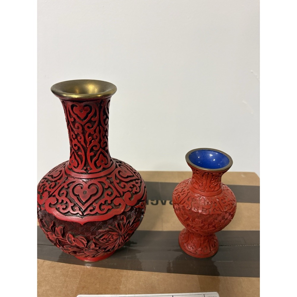 2pc Red Metal Bottle Vases Set Floral Carved Black/Gold Accents Blue Interior